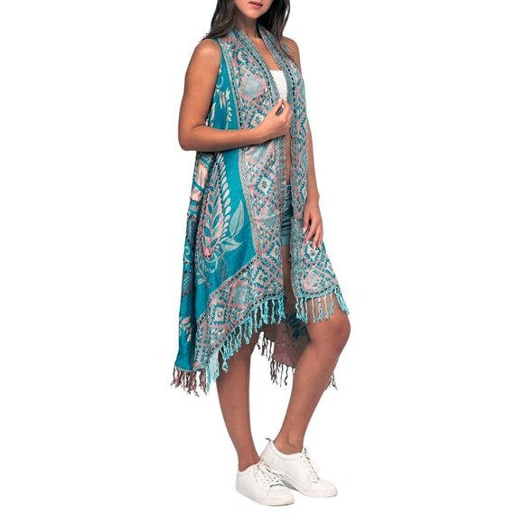 RAJ Imports Boho Embroidered Long Vest Dk Turquoise Vest Fringe 1 Size Layla - Picture 1 of 5